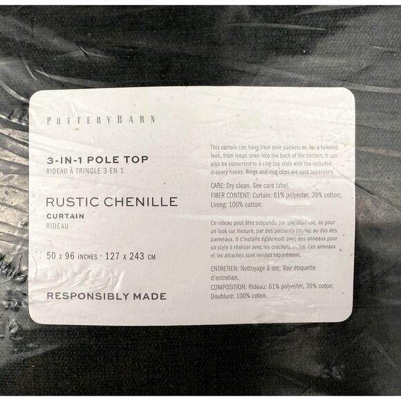 Pottery Barn Rustic Chenille Curtain Panel 3-in-1 Pole Top 50x96 Forest Green - Picture 2 of 7